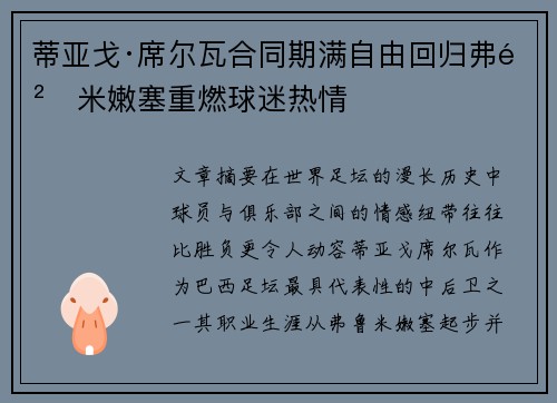 蒂亚戈·席尔瓦合同期满自由回归弗鲁米嫩塞重燃球迷热情